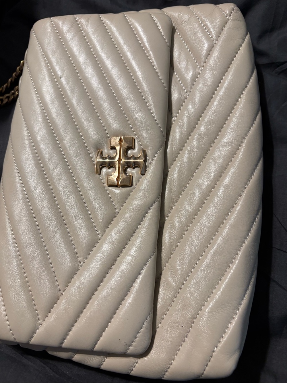 Tory Burch Quilted Cream Crossbody with Gold Logo